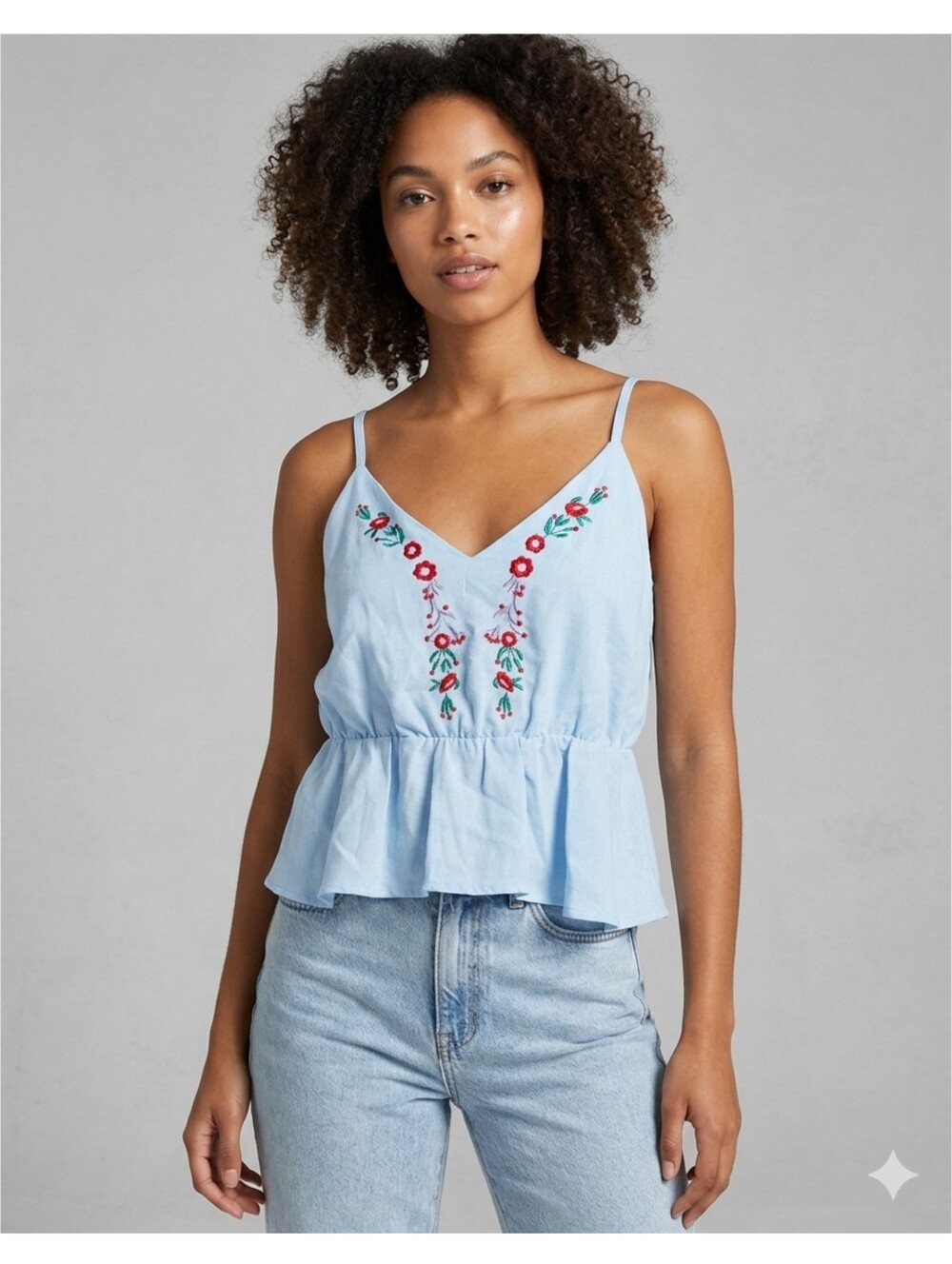 SHEIN Woman's Light Blue Floral Embroidered Peplum Camisole Top